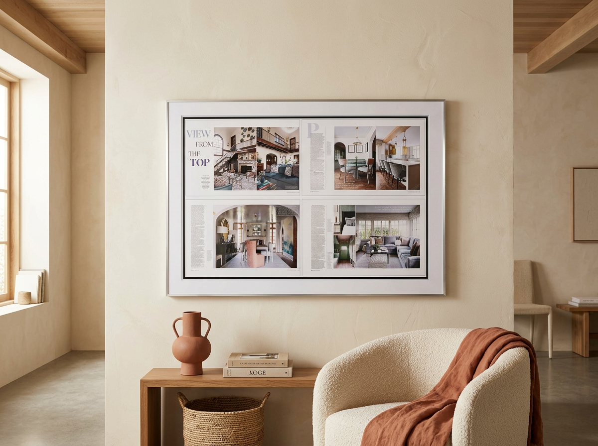 Custom silver-framed magazine spread display mounted on an interior wall