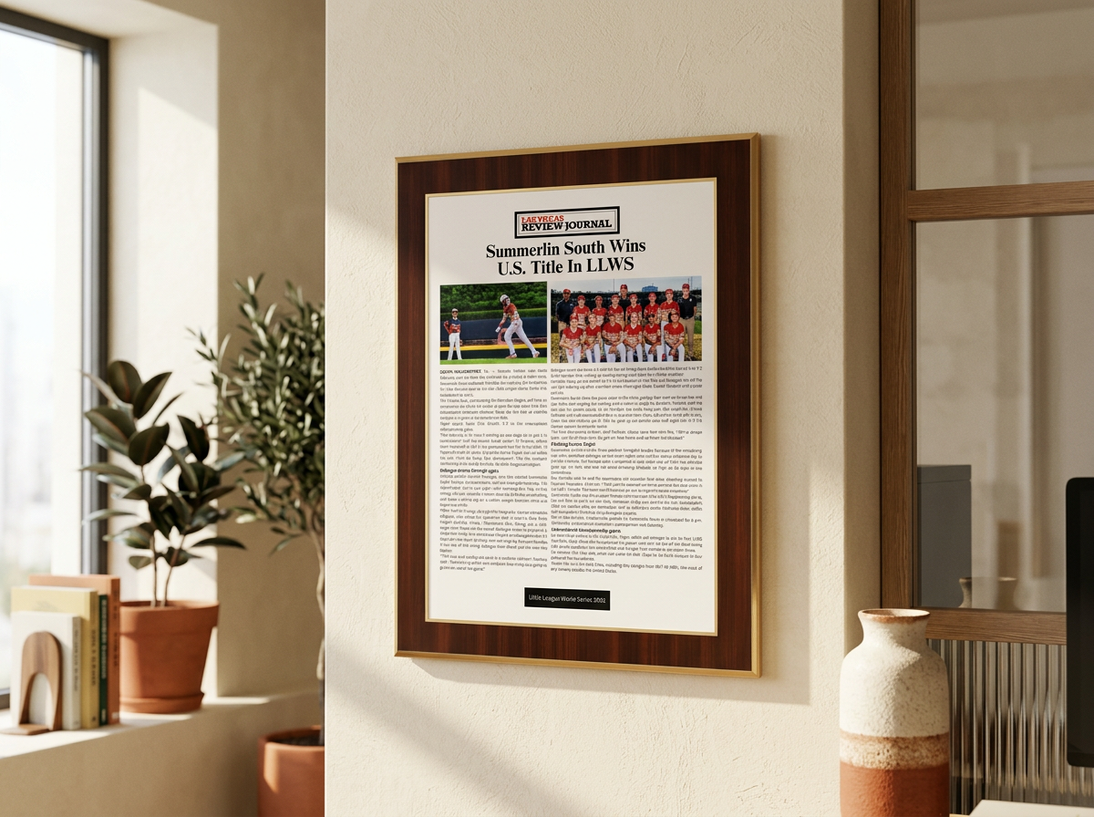 Custom Las Vegas Review-Journal newspaper plaque commemorating Summerlin South's 2025 LLWS U.S. title, mounted on a wall